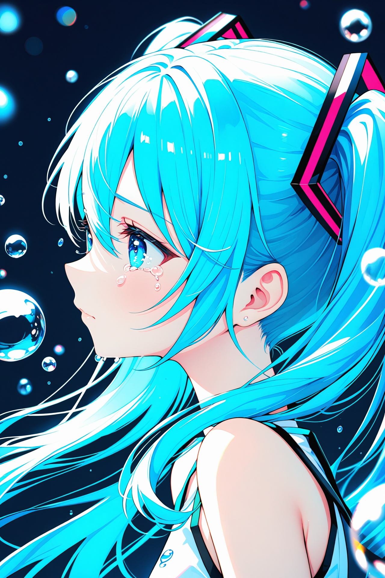 (masterpiece),(best quality),illustration,ultra detailed,hdr,Depth of field,(colorful),nai3 Style,1girl,solo,hatsune miku,long hair,twintails,tears,from side,profile,crying,bare shoulders,aqua eyes,bubble,portrait,blue hair,hair ornament,crying with eyes open,blurry,blue eyes,aqua hair,hair between eyes,water drop,closed mouth,sleeveless,upper body,