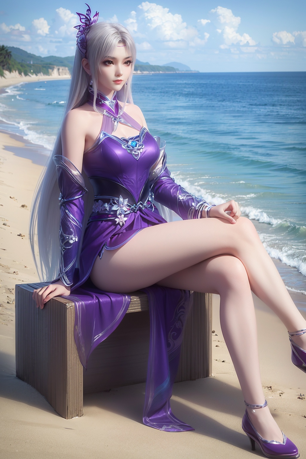 doupo\(xiaoyixian\),purple dress,1girl,solo,<lora:xiaoyixian_v1:0.7>,full body,beach,crossed legs,