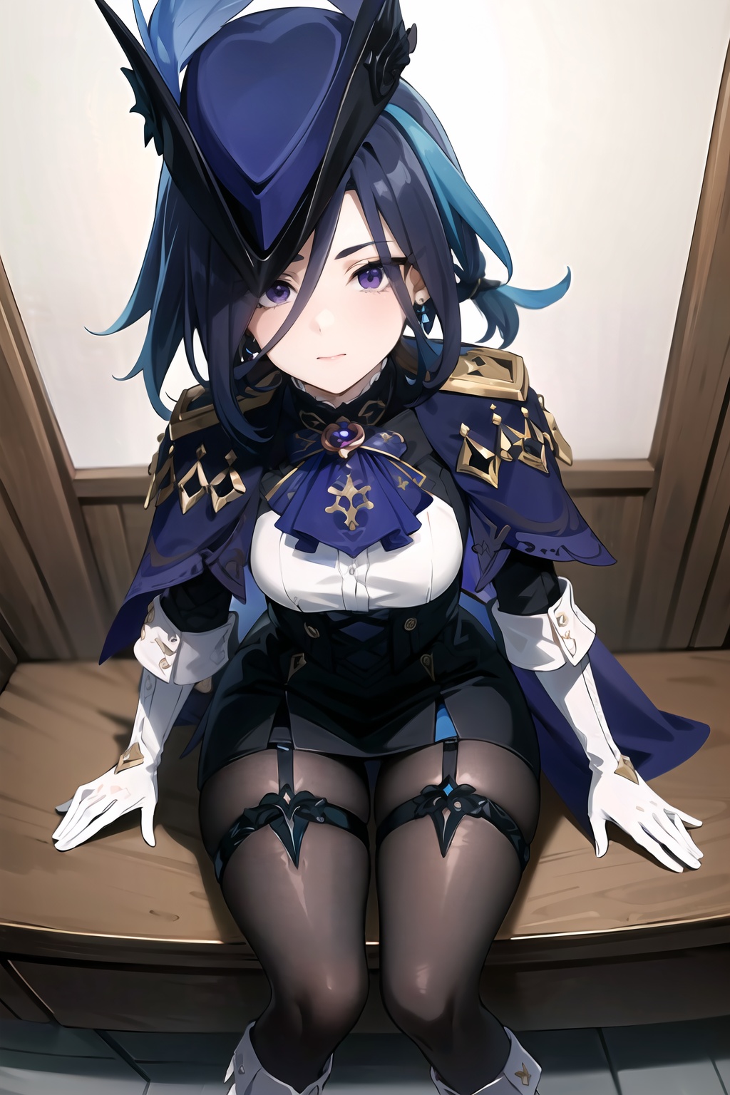 (masterpiece, best quality:1.2),insanely detailed,absurdres,ultra-highres,ultra-detailed,best quality,slender,kawaii,perfect symmetrical face,ultra cute girl,ultra cute face,ultra detailed eyes,ultra cute,ultra beautifu,clorinde \(genshin impact\),1girl,solo,purple eyes,hat feather,tricorne,white gloves,low ponytail,blue cape,blue hair,epaulettes,black pantyhose,ascot,breasts,black skirt,corset,blue headwear,boots,leg garter,black corset,shirt,earrings,<lora:clorinde-000001:1>,sitting,indoors,from above,