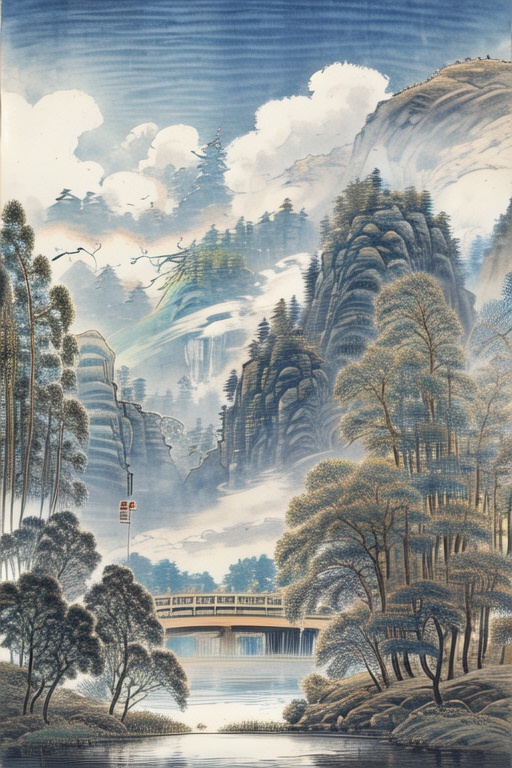 Architectural landscape,Landscape Ink Painting,outdoors,sky,cloud,water,tree,no humans,nature,scenery,forest,mountain,bridge,river,lake,
