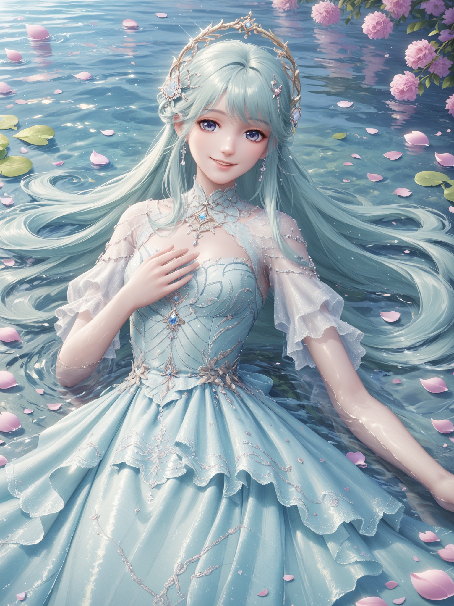 score_10,score_9,score_8_up,score_7_up,1girl,long hair,solo,dress,hair ornament,water,petals,navel,lying,smile,