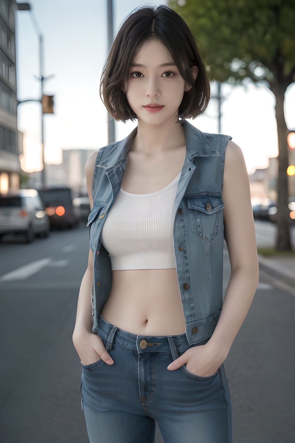 <lora:0826_10:0.7>(Best quality, masterpiece, ultra high res:1.2),photorealistic,raw photo,unity 8k wallpaper,cowboy shot,traffic light,1girl,cutoff jeans,denim vest,navel,hand in pockets, short hair,, 1girl,realistic,masterpiece, best quality, photorealistic, HDR,detail