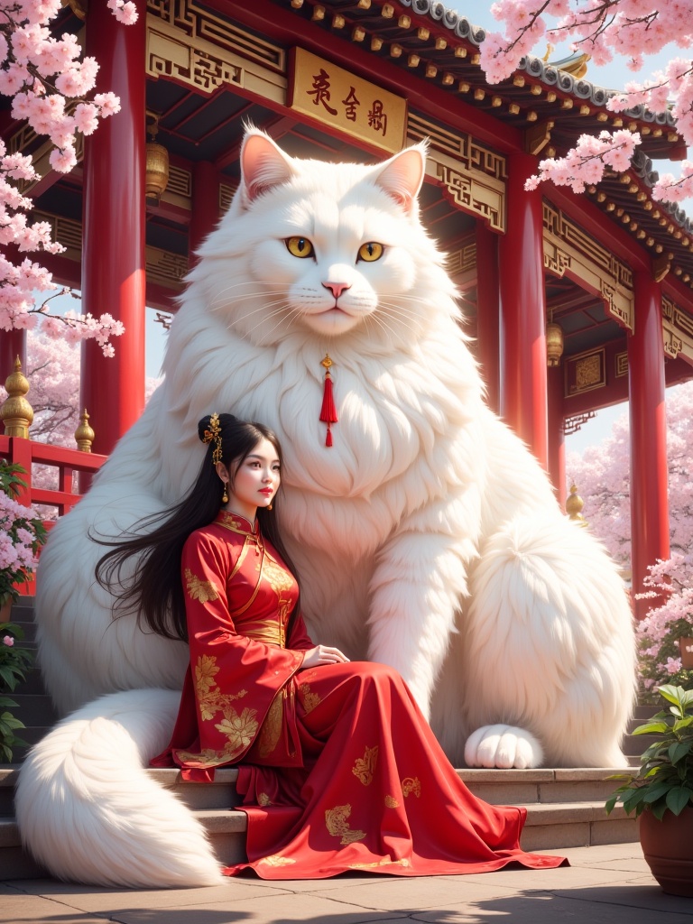 miluo_dmxz, This is a digital painting in a fantasy style, depicting a serene scene in an Asian-inspired setting. The central figure is a large, majestic white cat with an ethereal and regal appearance, sitting gracefully. The cat's fur is luxuriously detailed, with soft, flowing strands that give it an almost otherworldly texture. Its large, golden eyes are calm and gentle, adding to its serene demeanor.Seated beside the cat is a young woman with fair skin and long, dark hair. She is dressed in a traditional red qipao dress, adorned with intricate golden patterns that complement the cat's white fur. Her dress features a high collar and long sleeves, with the hem decorated with delicate embroidery. She rests her left hand on the cat's lap, exuding a sense of peace and tranquility.The background features a traditional Chinese pavilion with ornate, red and gold decorations. The pavilion is adorned with traditional lanterns and intricate carvings. Cherry blossom trees surround the scene, their pink flowers in full bloom, adding a touch of springtime beauty. The sky is bright, suggesting a sunny day, and the overall ambiance is one of harmony and peaceful coexistence. <lora:miluo丨大猫-flux-v1.4:1>