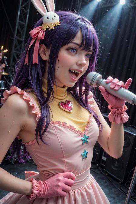 1girl,hoshino ai \(oshi no ko\),oshi no ko,microphone,idol,hair ornament,pink gloves,gloves,idol clothes,star (symbol),purple hair,star-shaped pupils,purple eyes,holding microphone,holding,long hair,open mouth,serious,shouting,sweatdrop,(hitachi magic wand:1.2),glowstick,symbol-shaped pupils,star hair ornament,(sweat:1.1),rabbit hair ornament,dress,(solo:1.6),turtleneck dress,pink dress,teeth,pink ribbon,smile,looking at viewer,blush,frilled dress,heart,frills,upper body,hair between eyes,ribbon,heart brooch,brooch,fangs,star in eye,sidelocks,:d,frilled gloves,music,symbol in eye,(singing:1.6),sleeveless dress,multicolored hair,(dynamic angle:2),(yellow shirt:1.2),frilled sleeves,stage,stage lights,pose,dancing,(realistic:1.4),(photorealistic:1.4),(cosplay photo:1.4),(masterpiece, best quality, newest, absurdres, highres:1.8),real life insert,(real life:1.6),