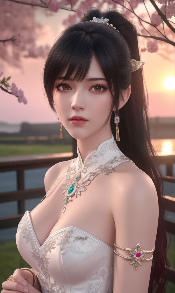 (,1girl, ,best quality, ),looking at viewer, <lora:418-DA-百炼成神-莫雨馨:0.8> ,,ultra detailed 8k cg, ultra detailed background ,ultra realistic 8k cg,          cinematic lighting, cinematic bloom, (( , )),,  , unreal, science fiction,  luxury, jewelry, diamond, pearl, gem, sapphire, ruby, emerald, intricate detail, delicate pattern, charming, alluring, seductive, erotic, enchanting, hair ornament, necklace, earrings, bracelet, armlet,halo,masterpiece, (( , )),, realistic,science fiction,mole,   ,cherry blossoms,,(((Best quality, masterpiece, ultra high res, (photorealistic:1.4), raw photo, 1girl, ,rain, , sunlight, sunset, qianqiu wanxia,     )))  (cleavage), (), 1girl, , , depth_of_field, solo, , ,