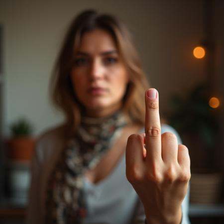 A rebellious woman with a defiant expression,  raising her middle finger,  indoors on Tensor.Art