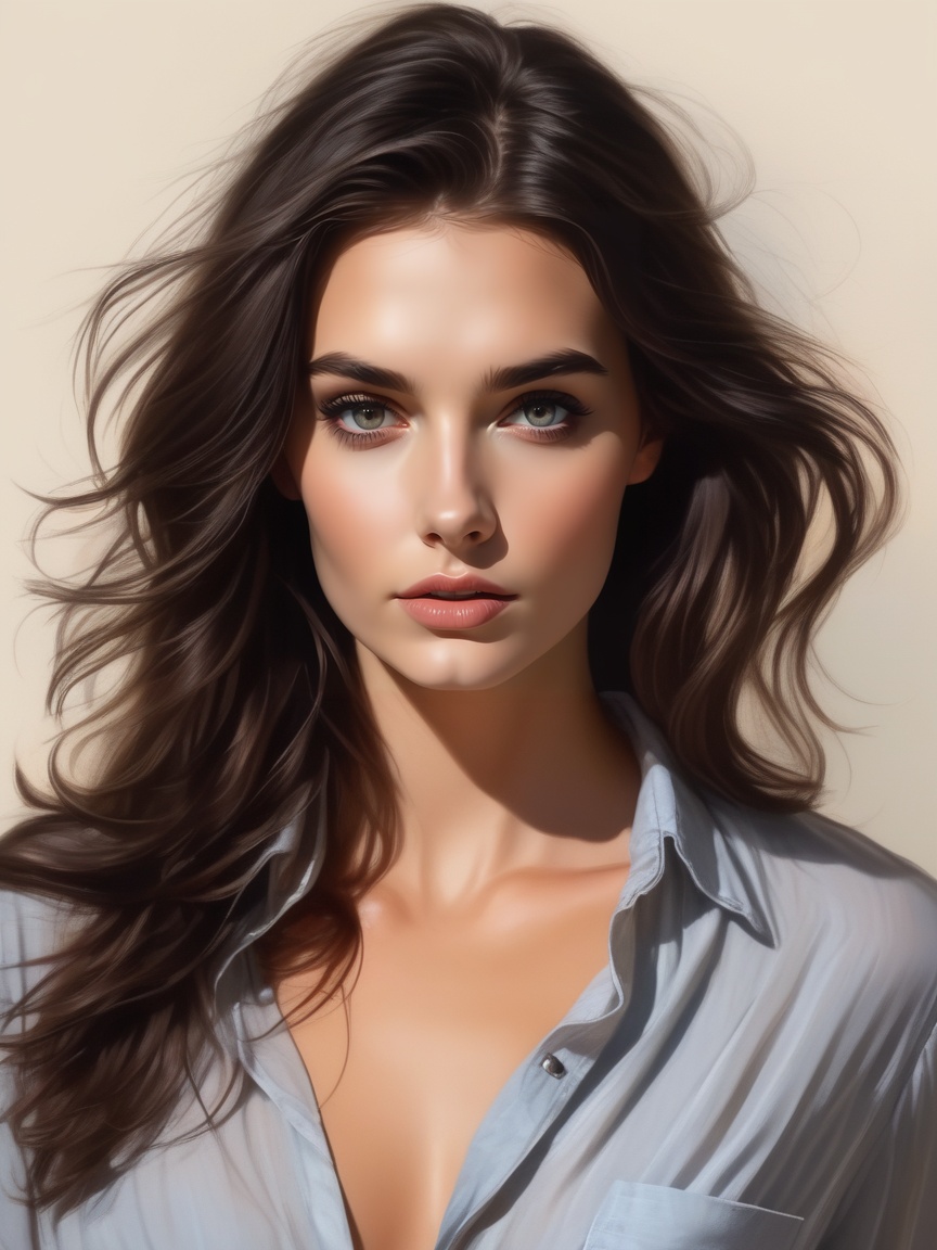 Portrait draw beautiful girl dark hair,  gray eyes,  open Shirt on Tensor.Art