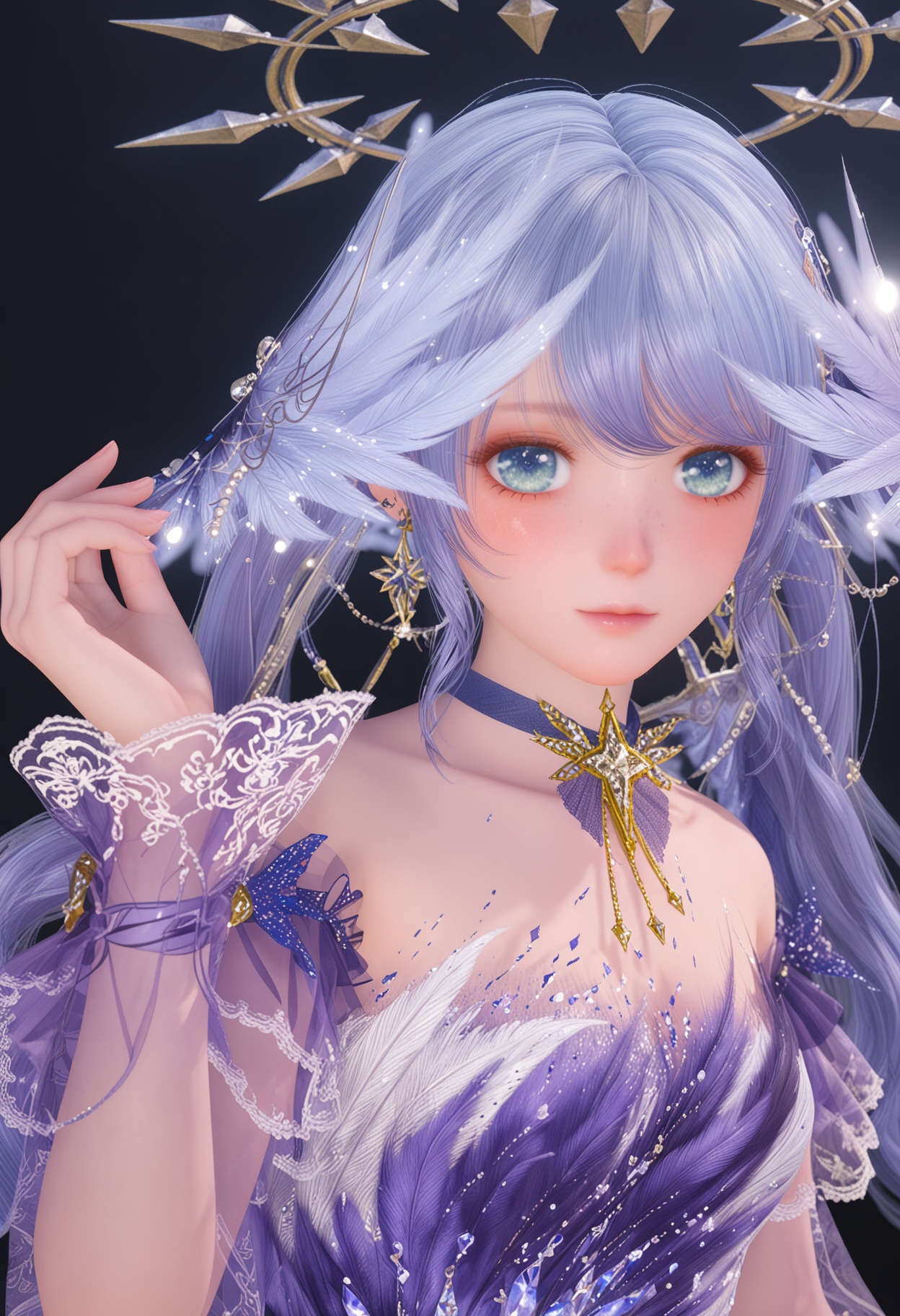 (upper_body:1.2),(looking at viewer:1.1),facing viewer,direct gaze,<lora:YQ_pony_nuannuan21_chiyubuyu_zhigengniaoranse_V4:0.8>,see-through,see-through long_sleeves,1girl,solo,long hair,dress,jewelry,earrings,choker,purple dress,blue hair,purple hair,hair ornament,blue eyes,twintails,purple choker,ornate golden halo-like crown featuring intricate leaf patterns.,BREAK (white skin:1.1),(fair skin:1.1),(Ivory skin:1.1),(shiny skin),perfect anatomy,(simple background,pure black background,black background:1.1),