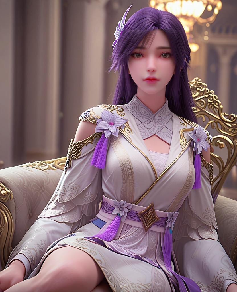 (oriental architecture, elegant decor, sophisticated style:1.1),sitting on a throne of fire,(breasts:1.2),<lora:XL完美世界云曦易容>,miss moxi,solo,white dress,sash,purple fart curtain,shawl,clothing cutout,long sleeves,shoulder cutout,brown eyes,purple hair,long hair,butterfly hair ornament,flower ornament,tassel,lips,jewelry,, zPDXL2, score_9, score_8_up, score_7_up BREAK realistic, masterpiece,best quality, highly detailed,, zPDXL3, zPDXL2,zPDXL, zPDXLxxx, zPDXLrl,