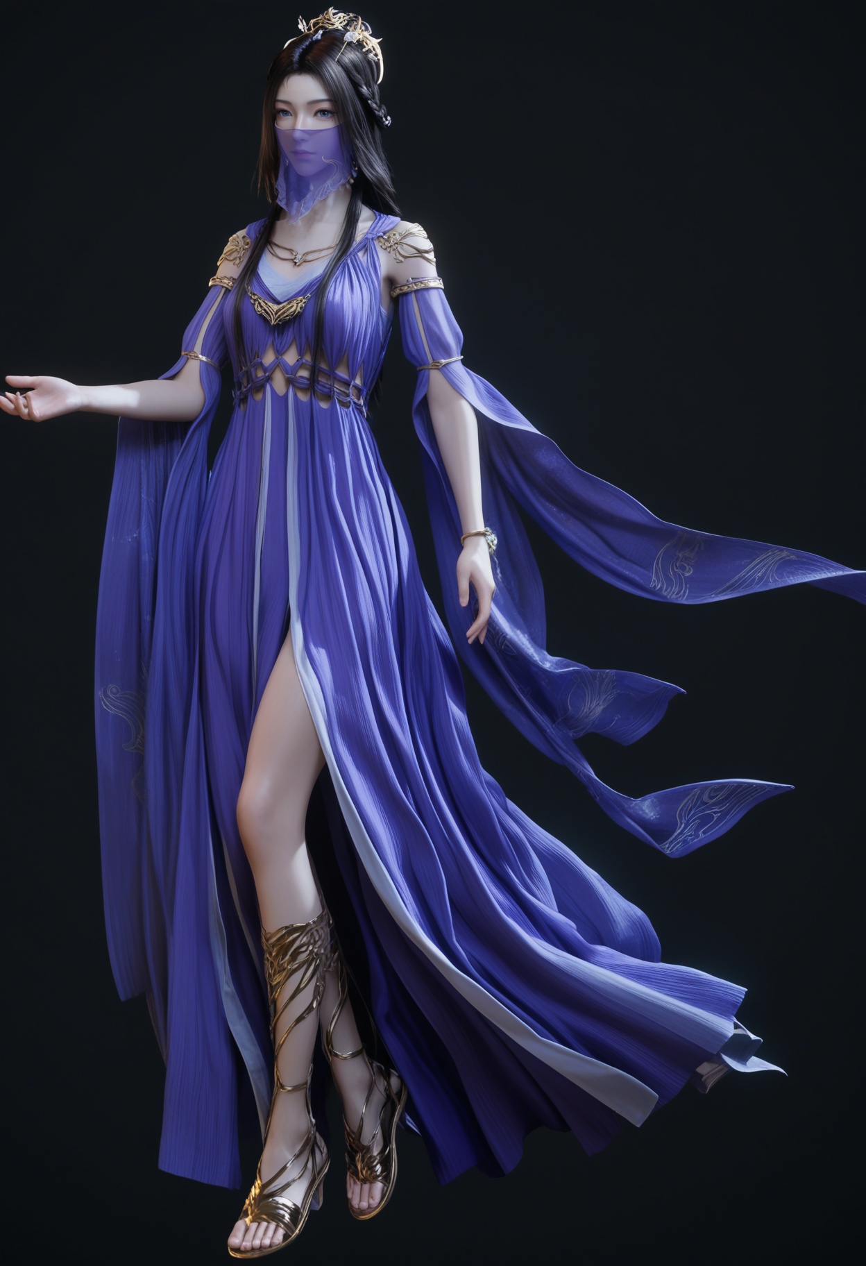 (cowboy shot:1.2),(score_9:1.2),(score_8_up:1.2),(top quality, 8k wallpaper:1.1),(masterpiece:1.1),(best quality:1.2),(intricate details),8k,1girl,facing viewer,(looking at viewer:1.1),<lora:YQ_pony_ziling_V4:0.95:lbw=1,1,1,1,1,1,1,1,1,0.8,0.8,0.1>,q1528437228,1girl,solo,long hair,black hair,veil,mouth veil,dress,jewelry,hair ornament,necklace,blue dress,purple dress,blue eyes,bracelet,detached sleeves,hair bun,brown hair,earrings,braid,single hair bun,mole,wide sleeves,sandals,purple eyes,mole under eye,tiara,long sleeves,pantyhose,BREAK(score_9:1.2),(score_8_up:1.2),masterpiece,best quality,very aesthetic,perfect anatomy,(hourglass),perfect face,(simple background,pure black background,black background:1.1),fair_skin,(shiny_skin:1.1),Ivory_skin,