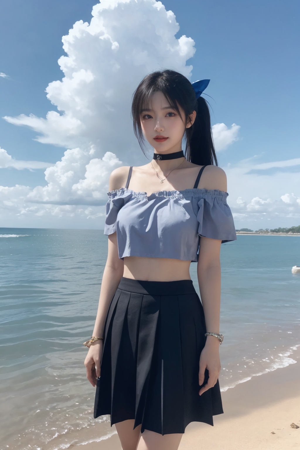 1girl,beach, black choker, black skirt, blue hair, blue sky, bra strap, bracelet, breasts, choker, cloud, cloudy sky, cowboy shot, crop top, cross, day, hair ribbon, jewelry, lips, long hair, looking at viewer, midriff, navel, necklace, ocean, off-shoulder shirt, off shoulder, outdoors, pleated skirt, ribbon, shirt, skirt, sky, smile, solo, standing, twintails,full body<lora:美女:0.66>