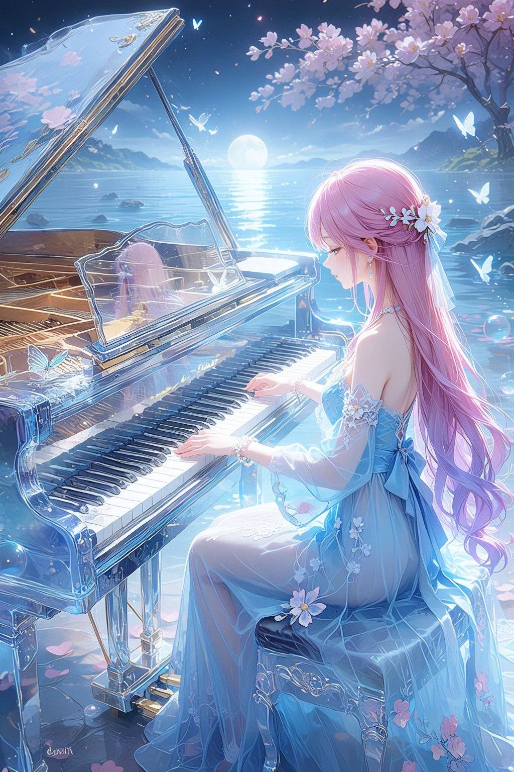 A woman,  with long pink and purple hair,  is seated and playing a grand piano. She wears a flowing by 天TIN on Tensor.Art