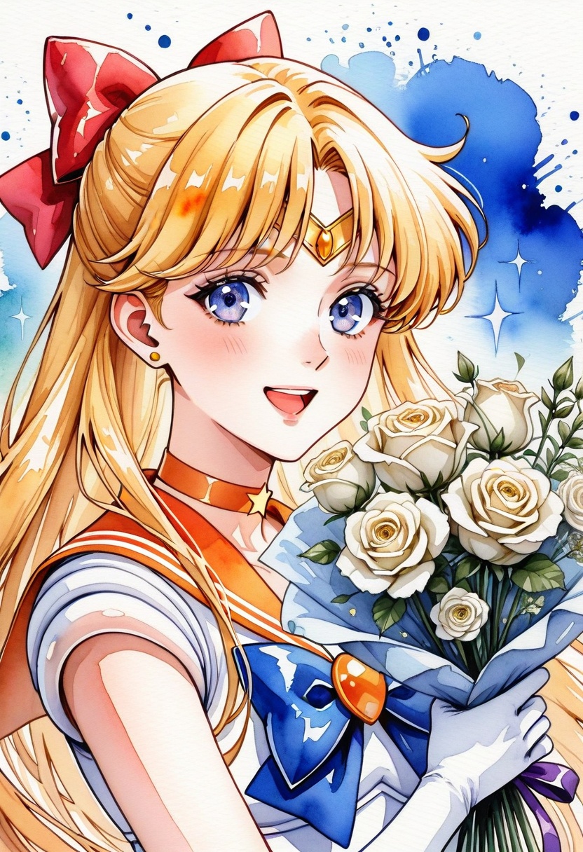 w4tercol0r,  watercolora detailed portrait of sailor venus smiling,  open mouth on Tensor.Art