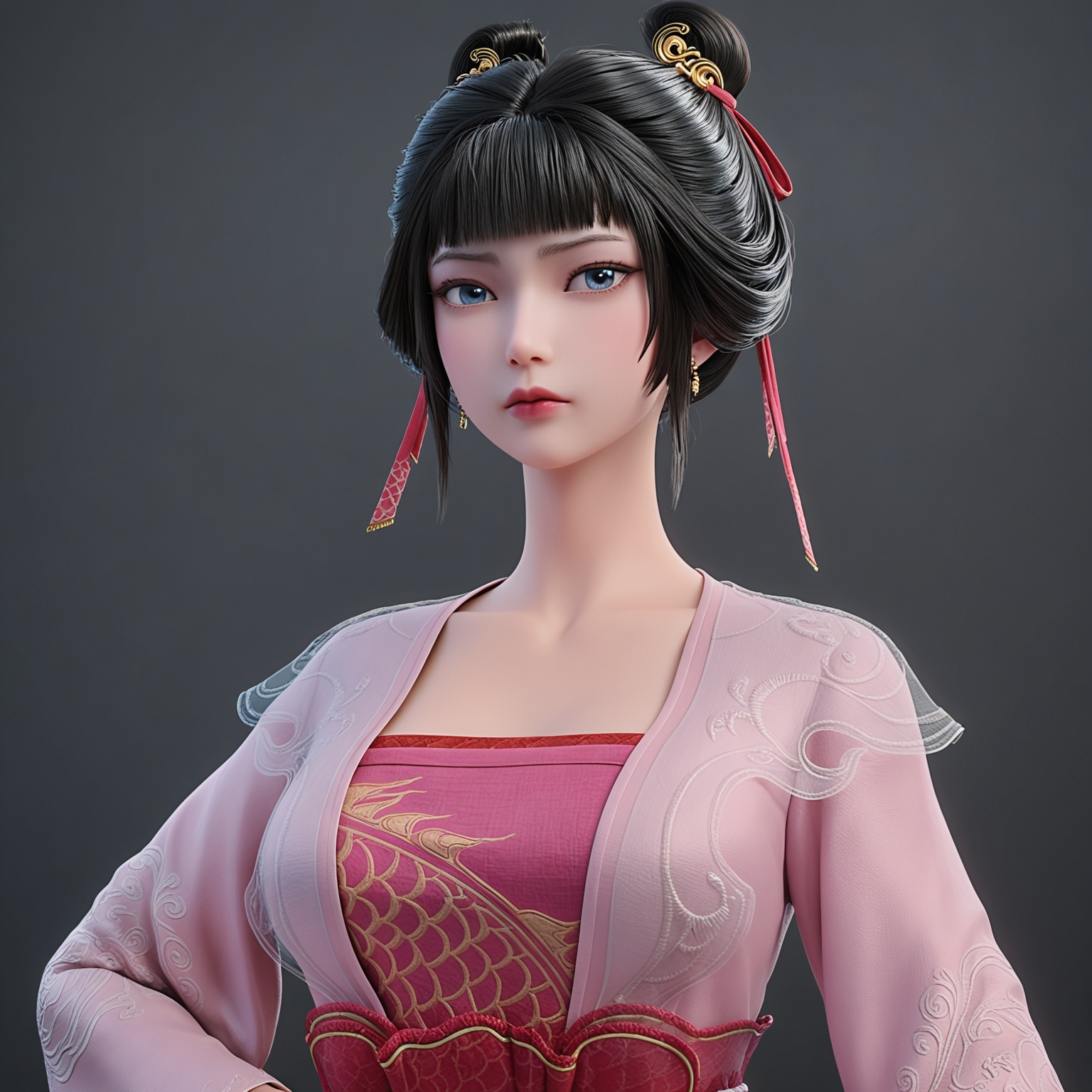 <lora:YQponyziguiV2:0.8>,q1528437228,solo,1girl,black_hair,chinese_clothes,realistic,hair_ornament,hair_bun,bangs,brown_eyes,long_sleeves,blunt_bangs,jewelry,dress,see-through,bracelet,hanfu,ribbon,hair_ribbon,single_hair_bun,black_eyes,korean_clothes,short_hair,double_bun,brown_hair,sash,hanbok,wide_sleeves,earrings,collarbone,red_ribbon,blue_eyes,japanese_clothes,pink_dress,pink_ribbon,sidelocks,bangle,BREAK score_9,upper_body,portrait,shiny_skin,looking at viewer,cinematic lighting,volumetric lighting,solo focus,(huge breasts:0.9),(simple background,pure black background,black background:1.1),