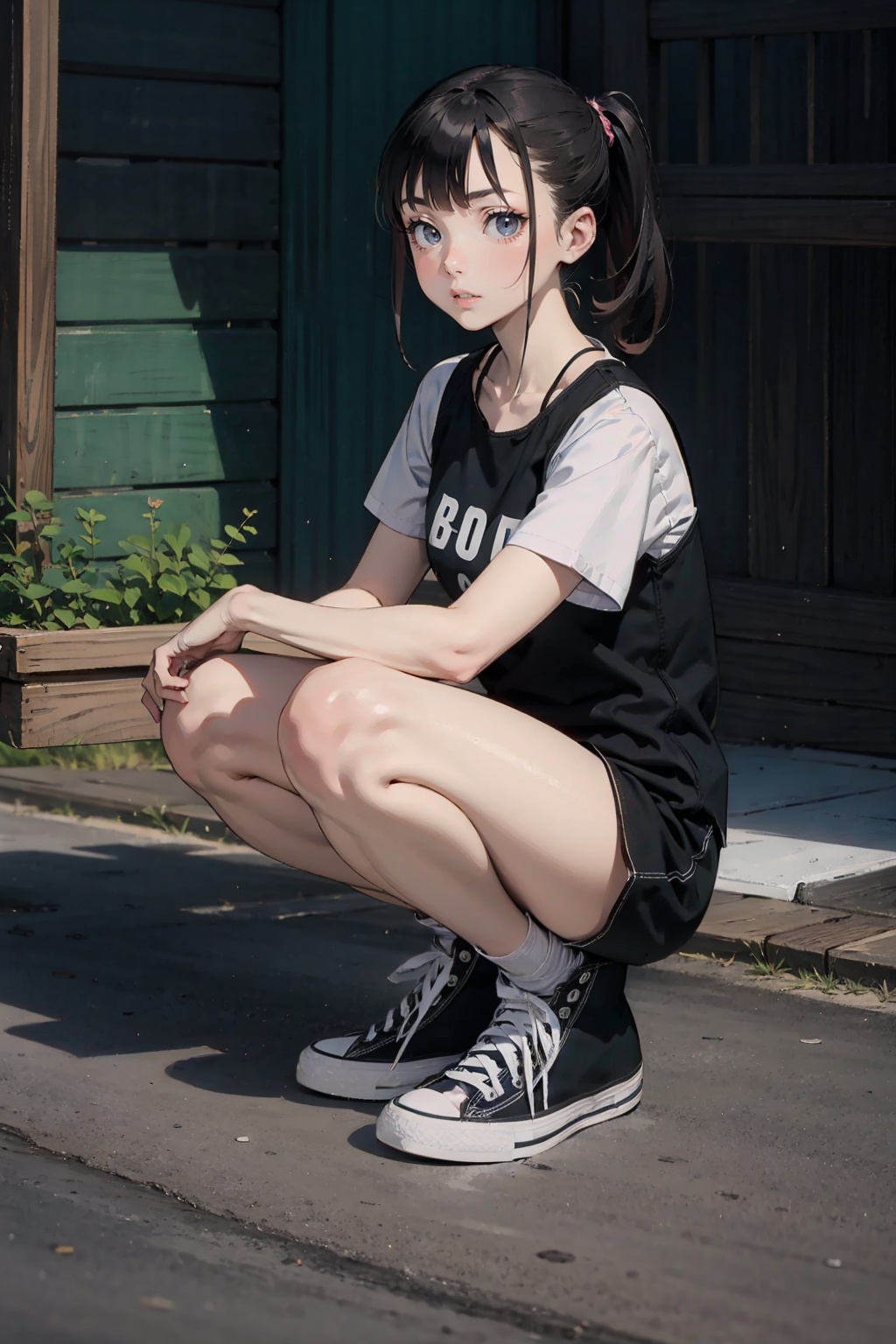 masterpiece,best quality,ultra detailed,detailed face,8K,1girl,solo,squat,leg,shoes,cvas,black shoes,<lora:converse all star:1.3>,