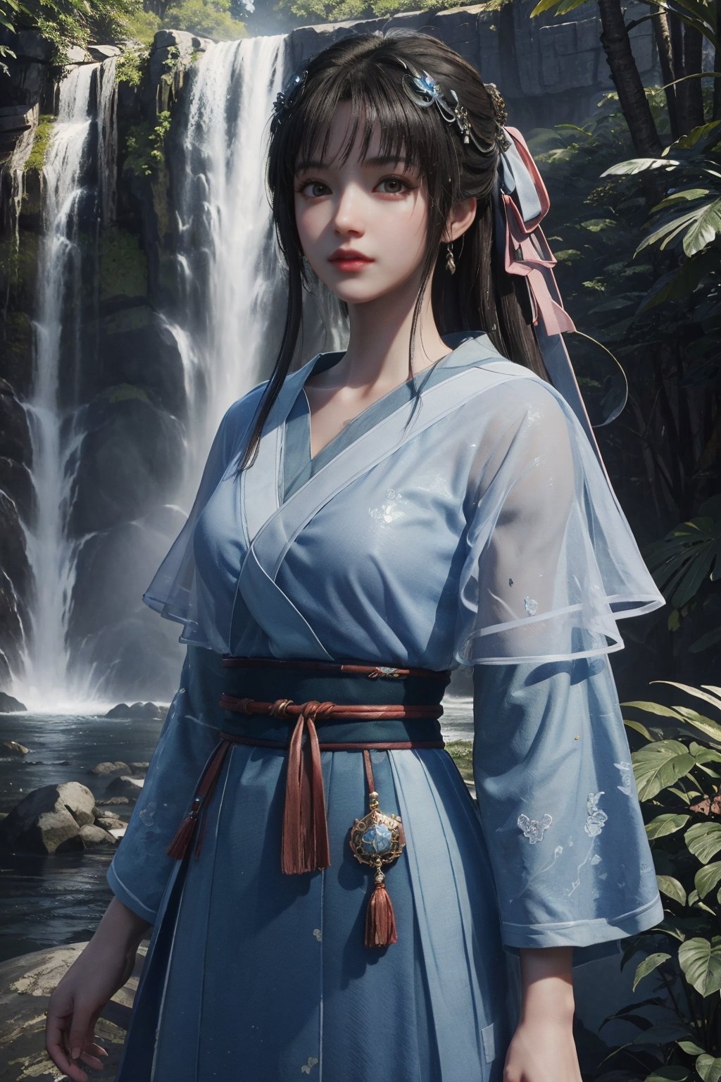 1girl,looking at viewer,cowboy shot,light rays,sunlight,waterfall,<lora:白茉晴:0.55>,, masterpiece,best quality,official art,extremely detailed CG unity 8k wallpaper,