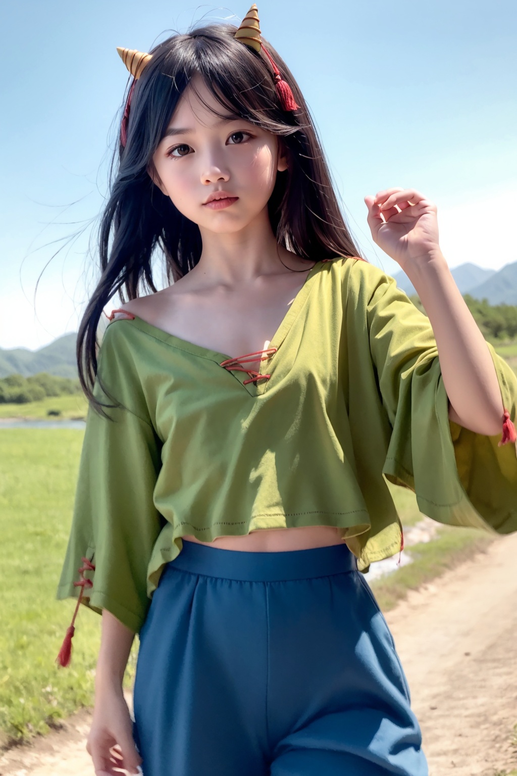 masterpiece, best quality, <lora:NippakuZanmu:1>,1girl, solo, long hair, horns, blush, green shirt, outdoors, looking at viewer, red eyes, long sleeves, very long hair, shirt, shorts, bangs, collarbone, day, blue shorts, wide sleeves, black hair, hand up, multicolored hair, cowboy shot, gradient hair, closed mouth, eyes visible through hair, sky