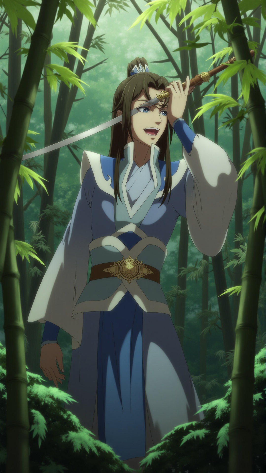 1boyl,holding sword,bamboo,bamboo forest,nature,forest,outdoors,<lora:F1-baixiaochun:0.8>,realistic,reality,