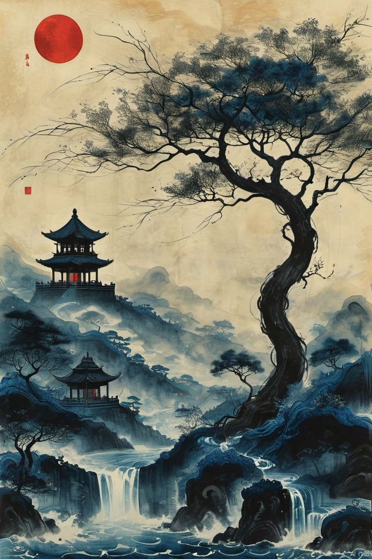 Stranger tales, chinese ink painting, abstract, gongbi, surrealism, no humans, dark background, dark theme, tree, east asian architecture, wave<lora:EMS-307144-EMS:0.800000>
