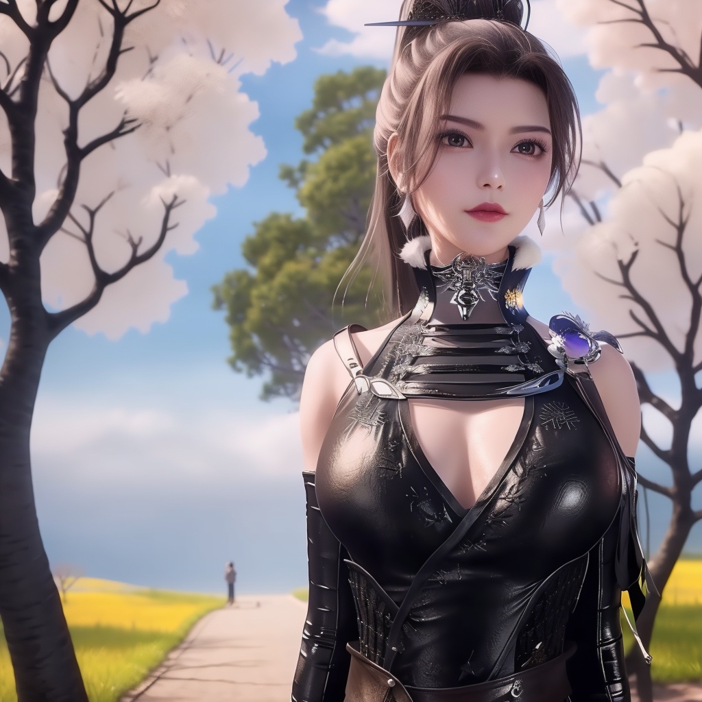 <lora:万界至尊-李雪衣-皮衣:0.8>, (,1girl, ,best quality, ),looking at viewer,  ,, ultra realistic 8k cg,,masterpiece, (( , )), fiction,mole,  ,     ,see-through, lace, (cleavage),, (((, solo, sun, , bare_tree, )))