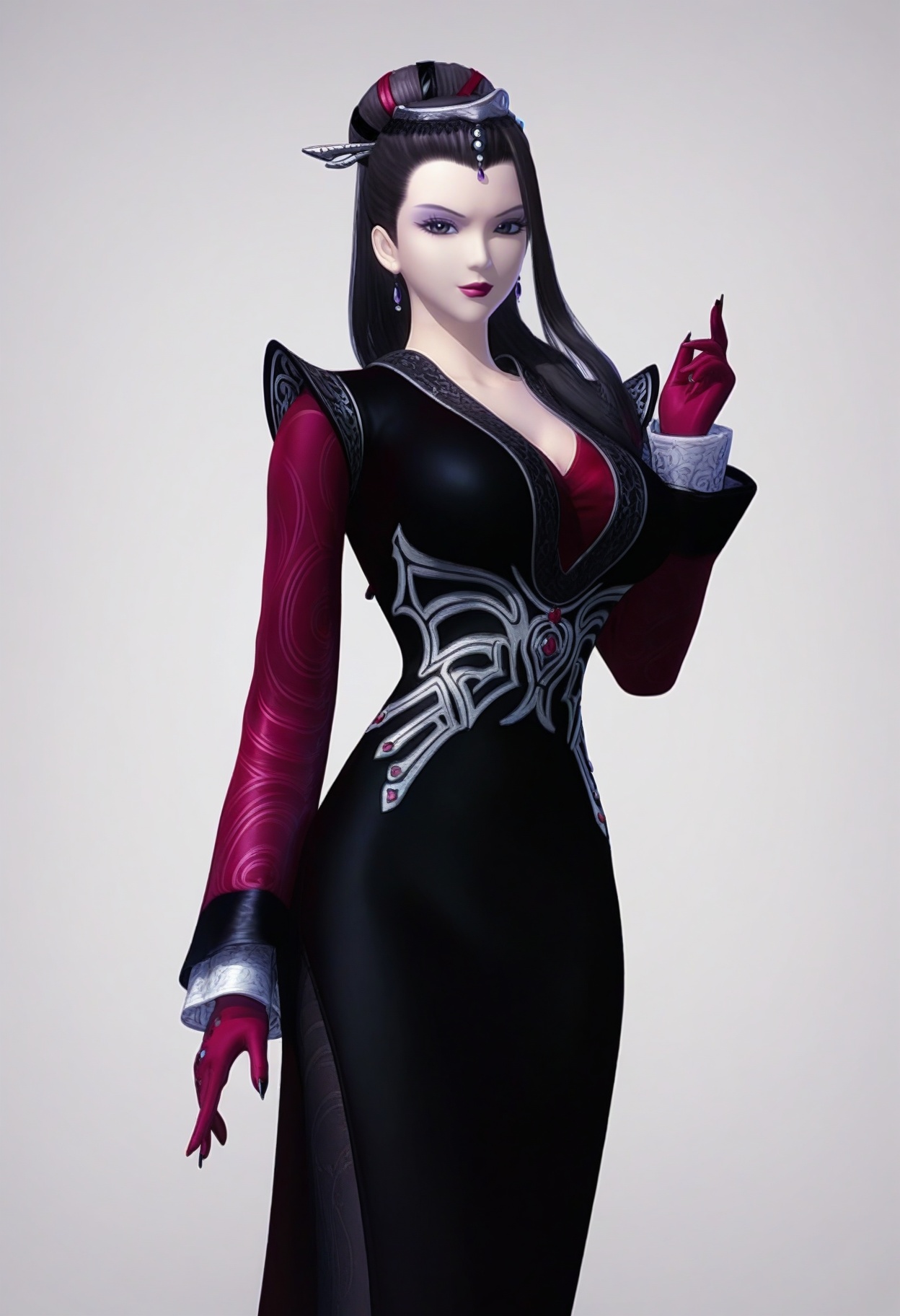 score_9,<lora:SF_DaSiMing_Pony_Realism2.3-000003:0.7>,eyeshadow,black hair,black dress,long hair,hair ornament,1girl,breasts,large breasts,standing,long sleeves,red gloves,solo,looking at viewer,white background,simple background,