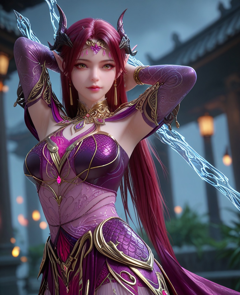 (oriental architecture, elegant decor, sophisticated style:1.1),(arms behind her head:1.1),(breasts:1.2),<lora:XL百炼成神剑灵妖夜:0.9>,miss yaoye,long hair,jewelry,red hair,pointy ears,armor,earrings,horns,hair ornament,breasts,barefoot,socks,yellow eyes,lips,elf,, zPDXL2, score_9, score_8_up, score_7_up BREAK realistic, masterpiece,best quality, highly detailed,, zPDXL3, zPDXL2,zPDXL, zPDXLxxx, zPDXLrl,