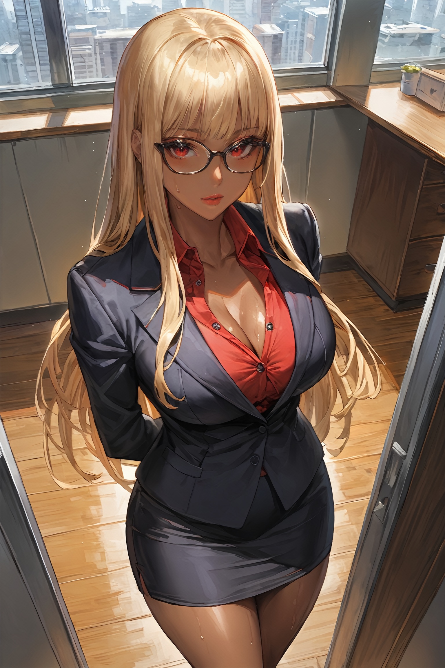 score_9, score_8_up, score_7_up, masterpiece, best quality, absurdres, very aesthetic, source_anime, detailed illustration, 8k UHD, (detailed background:1.1), from above, office lady, 1girl, solo, looking at viewer, ((tan skin)), blond hair, long hair, hime_cut, red eyes, thighs, thick thighs, ((hands behind her back:1.1)), sweat, cleavage, voloptuous, curvy body, glasses, black jacket, red shirt, standing, black pencil skirt, portrait, cowboy shot, indoors, daylight