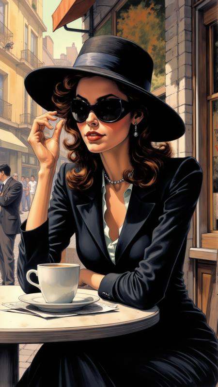 A mysterious woman in a wide-brimmed hat and dark sunglasses sits at an outdoor café,  sipping coffee. She’s reading a new...