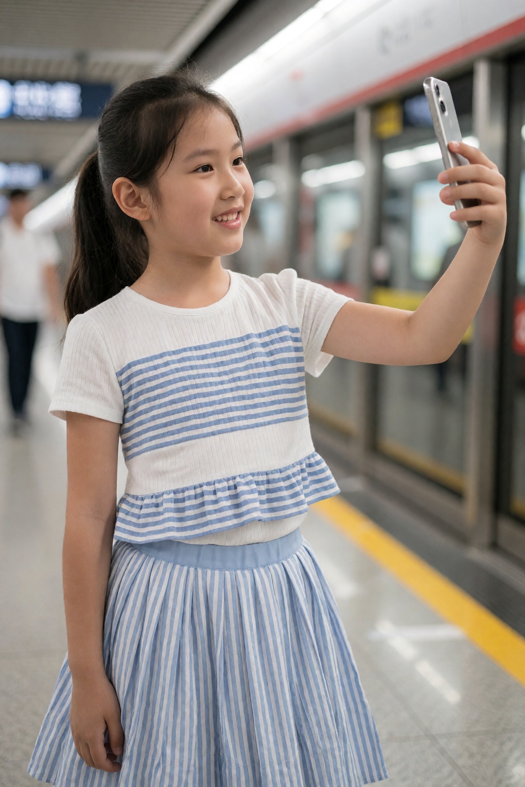 A young girl,  dressed in a white and blue striped top and pleated skirt,  is holding her phone and smiling as she takes a...