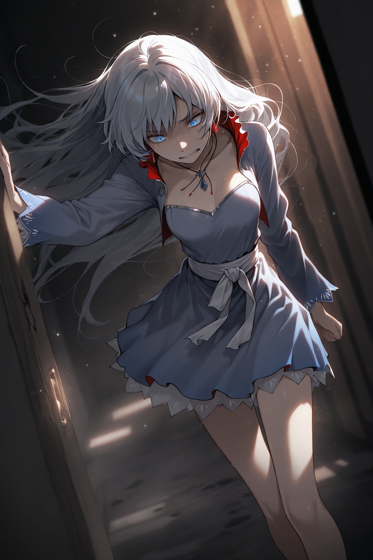 masterpiece,best quality,amazing quality,very aesthetic,absurdres,newest,extreme aesthetic,light particles,sharp focus,Emotionalization,depth of field,dutch angle,tsukishiro saika,1girl,weiss schnee,rwby,scary scenes,an eerie scene,broken scene,