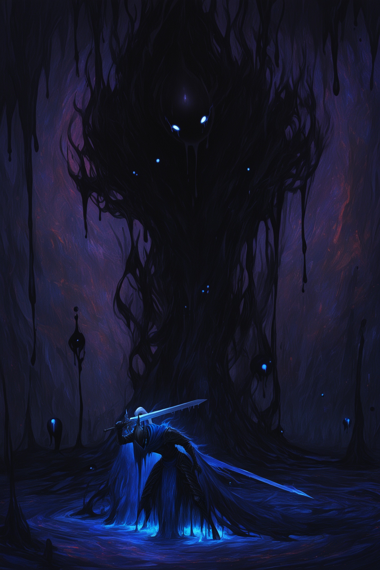 masterpice,scenery,abstract oil painting,wide shot,scenery,1boy,artorias the abysswalker,leaning forward,weapon over shoulder,holding sword,black armor,long floating cape,helmet,dark aura surrounding him,swalloed by darkness,dripping black goo,glowing eyes,eternal void,