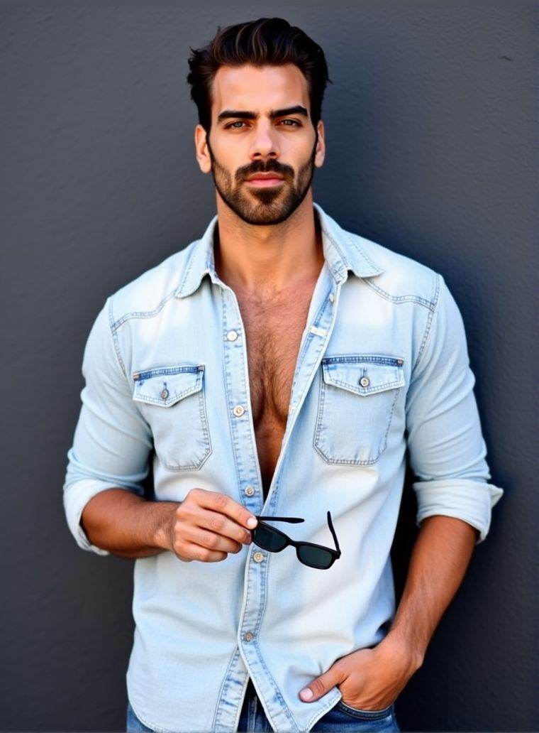Nyle Dimarco ,  stands confidently in front of a dark gray wall. He wears a light denim shirt,  unbuttoned at the top on T...