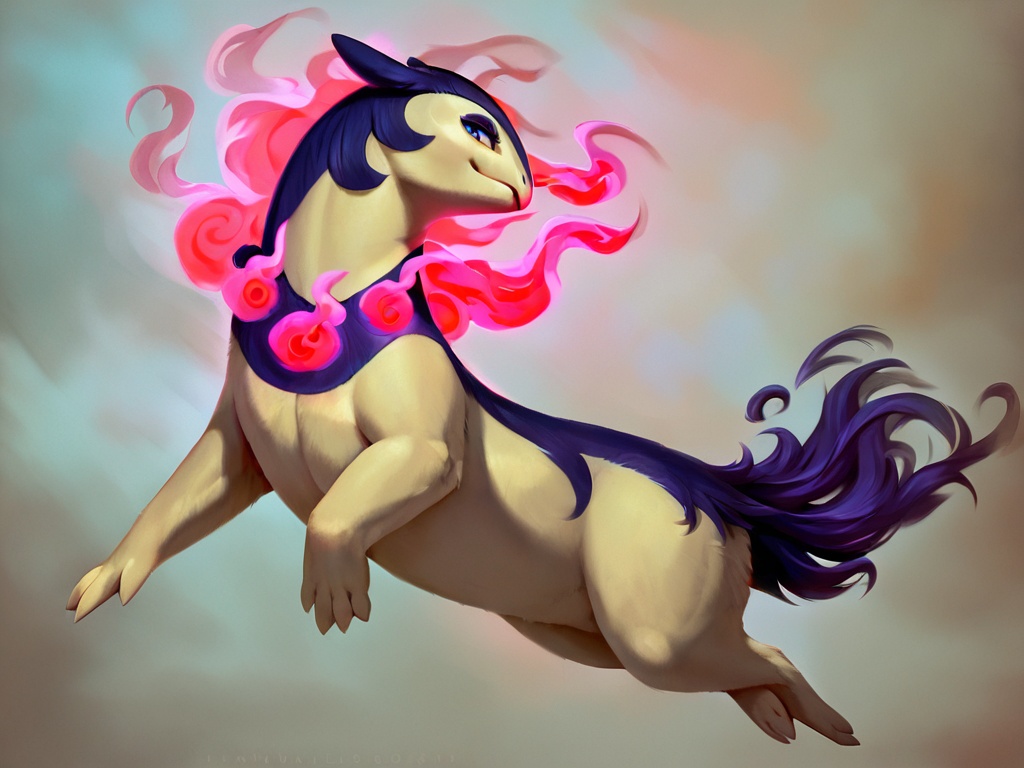 masterpiece,best quality,amazing quality,very aesthetic,high resolution,ultra-detailed,absurdres,hisuian typhlosion,feral,solo,full body,pokemon \(creature\),5 finger,(3toes:1.2),seductive_smile,looking_at_viewer,detailed fluffy fur,photorealistic details,detailed background,eyelashes,purple and blue eyes,simple background,score_9,score_8_up,score_7_up,<lora:hisuian typhlosion illustrious:1>,