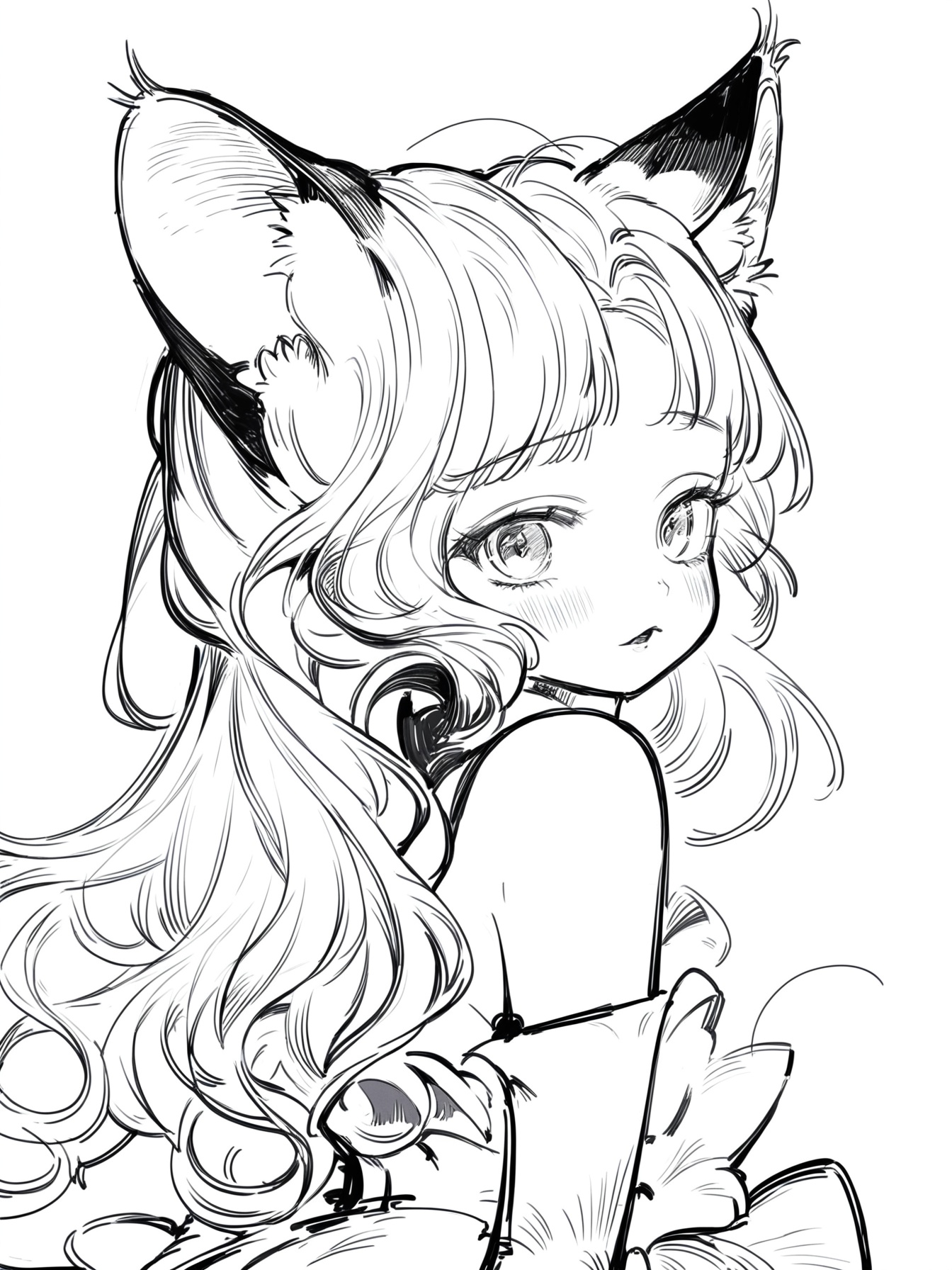 Best quality,masterpiece,official art,lineart,sketch,<lora:line2025 08:1>,lineart,monochrome,greyscale,solo,simple background,white background,illustration,monochromatic art style,strong contrasts and delicate shading,dynamic lines,fine details,1girl,monochrome,long hair,greyscale,animal ears,solo,simple background,bangs,wavy hair,cat ears,white background,bare shoulders,mouse,upper body,dress,looking at viewer,looking back,eyelashes,