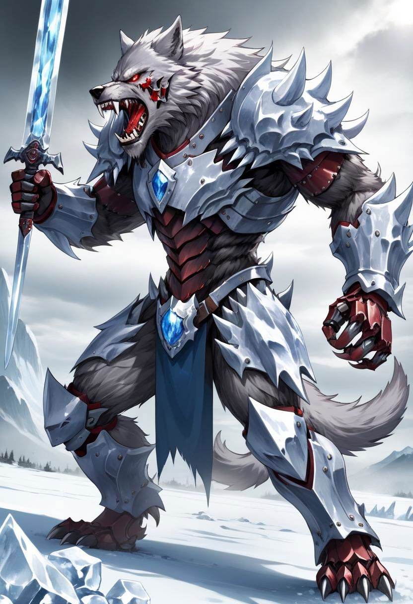 Big werewolf wolf warrior,  wearing ice knight armour,  strong claws on Tensor.Art