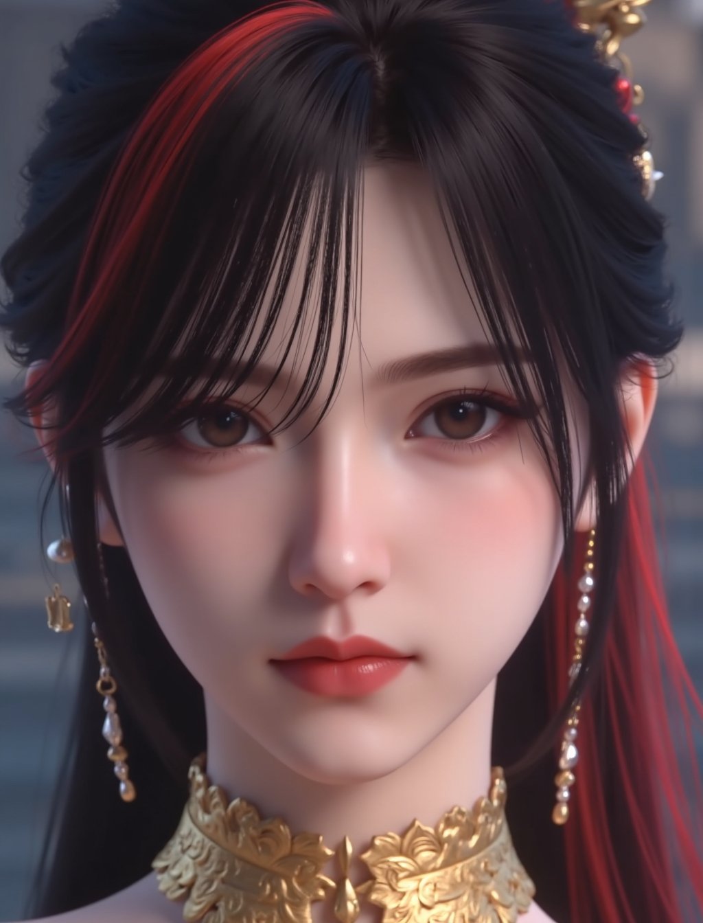 , ultra-high resolution,32K UHD,sharp,,close ,face portrait,,small breasts,small breasts,small breasts,small breasts,small breasts,small breasts, <lora:赵襄儿flux-lora-000013:1>1girl, zhaoxianger, solo, portrait, realistic, black hair, multicolored hair, earrings, jewelry, streaked hair, long hair, blurry background, blurry, red hair <lora:滤镜flux-lora-000020:0.4> lvjing