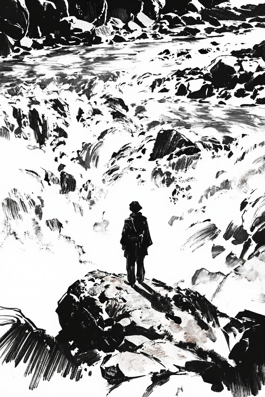 hand_sketch,black and white,art_nlhx,孤独背影站在岩石上,近处黄河水滔滔不绝,渺小与宏伟