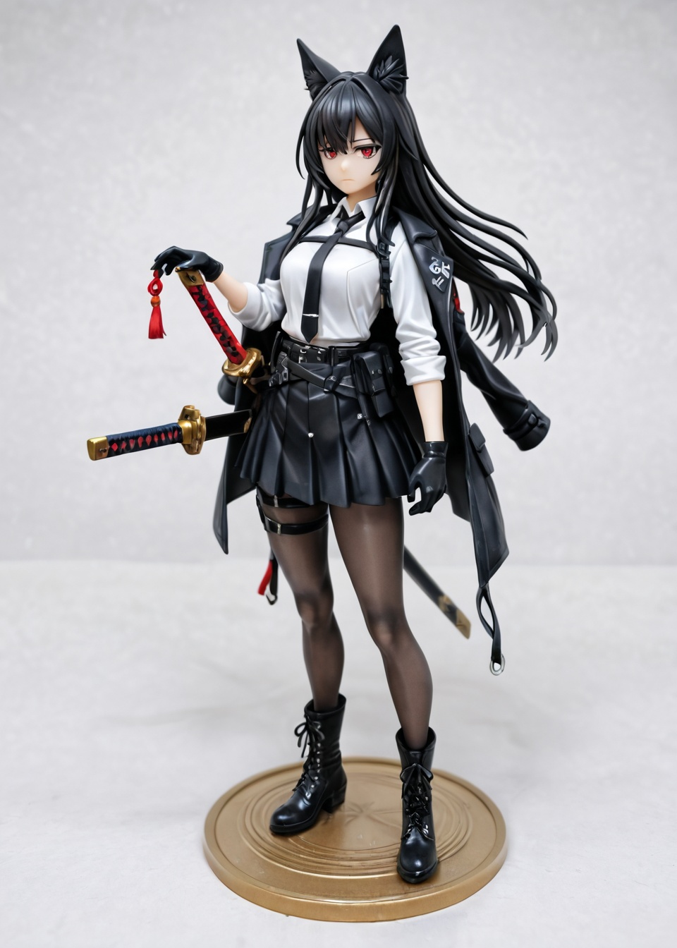 1girl, weapon, solo, sword, animal ears, holding, red eyes, holding sword, holding weapon, long hair, black hair, necktie, pantyhose, skirt, shirt, white shirt, black skirt, full body, jacket, gloves, black necktie, black gloves, black footwear, looking at viewer, collared shirt, animal ear fluff, black pantyhose, mechanical arms, closed mouth, boots