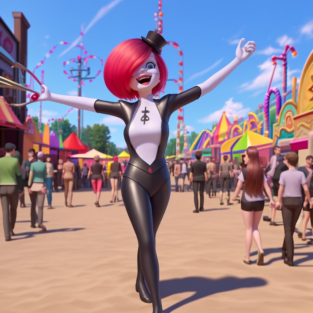 qijimiss(IP), kwamiss, 3D rendering, European and American cartoon style, kwamiss walking forward, body facing the audience, half body, arms out0.6etched, mouth open and smiling, single focus, daytime, blue sky, multiple people Road, road with a lot of sand, outdoor amusement park scene, <lora:kwamiss v1-000004:0.6>
