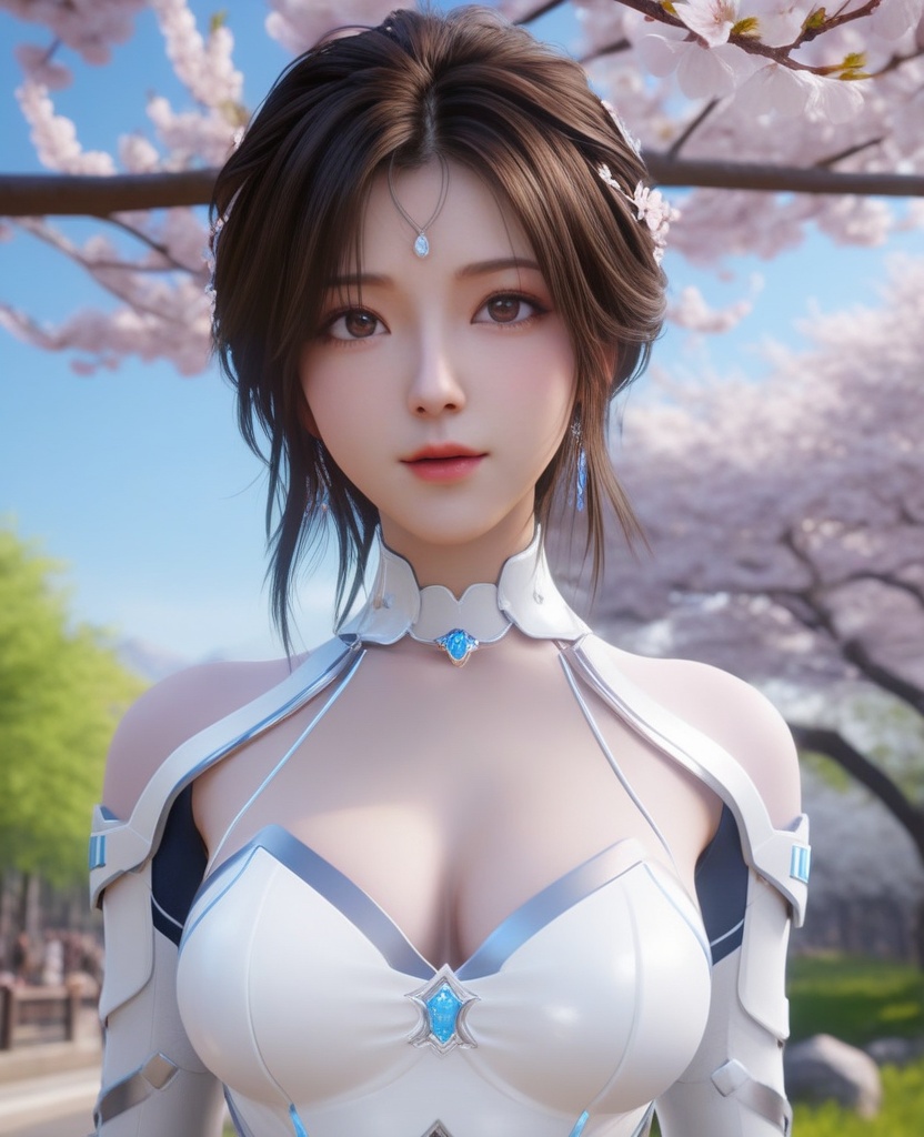 <lora:613-DA-XL-神印王座-白玥:0.8>(,1girl, ,best quality, ),looking at viewer,  ultra detailed background,ultra realistic 8k cg,ultra detailed 8k cg,masterpiece,upper body,  (( , )),, ,science fiction,mole, ultra realistic 8k cg, ,    ,outdoors, sun,sunlight, cherry blossoms,      (cleavage), (),