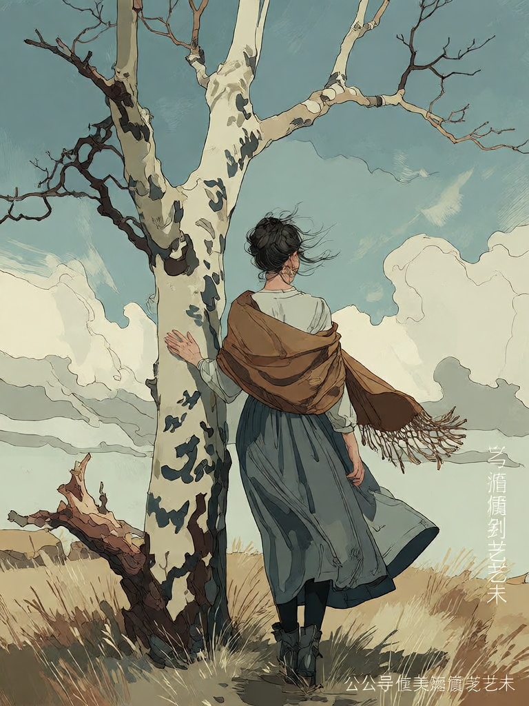 Bradhamel art style.**** A woman with dark hair tied in a bun,  wearing a long gray dress and a brown fringed shawl,  stan...