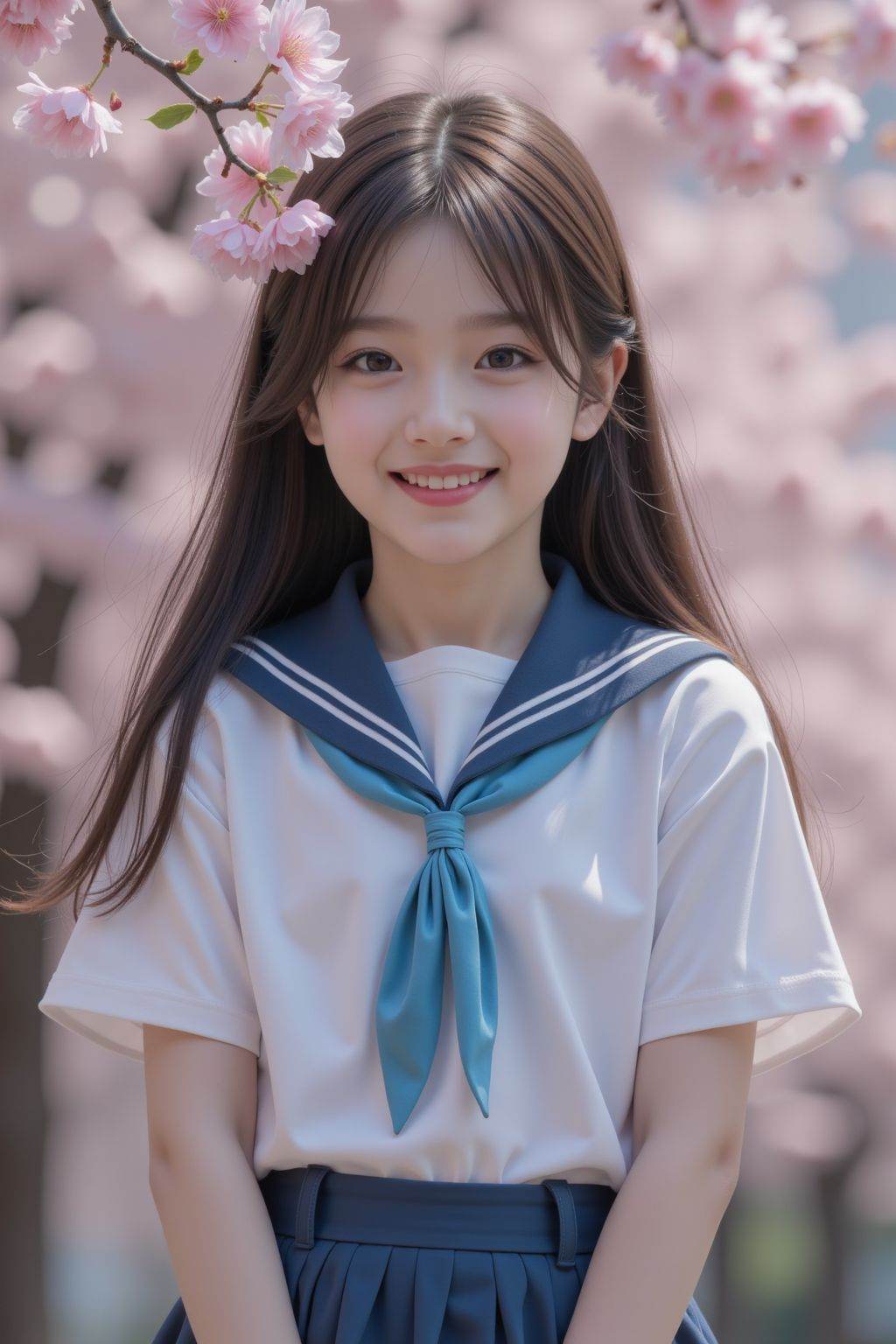 HDR photo of cinematic film still, young girl,school uniform,blue skirt,smile,solo,long hair,looking at viewer,peach tree,peach blossom,petals,closed mouth,