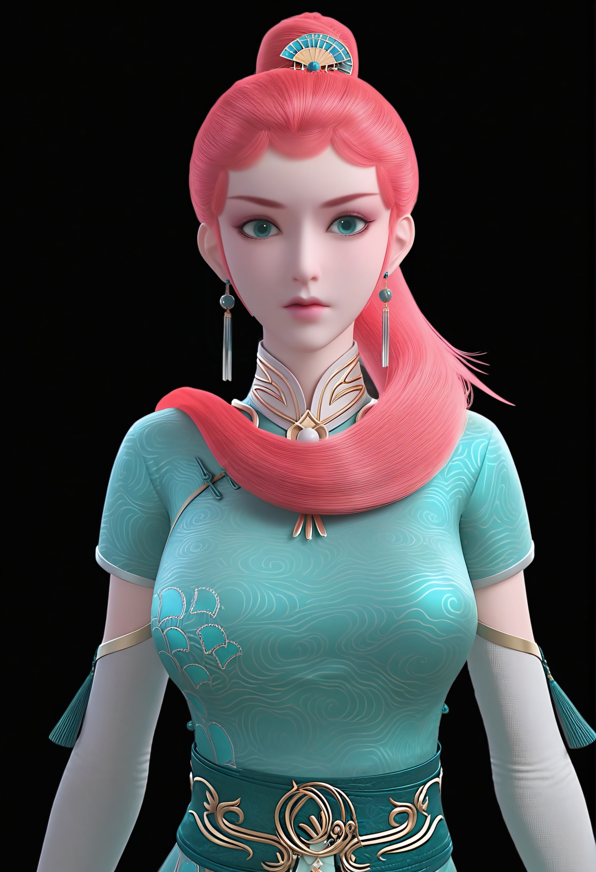 (score_9),<lora:龙羽音-Apony:0.85>,cocked eyebrow,longyuyin,1girl,solo,pink hair,aqua eyes,tassel earrings,long hair,hair ornament,high collar,china dress,elbow gloves,jewelry,tassel,belt,sash,<lora:perfect-eyes:0.8>,(front view:1.1),female,glamor,collarbone,puffy breasts,pointy_breasts,large breasts,simple background,<lora:e色温:0.5>,<lora:Expressive_H:0.8>,<lora:e肤色滑块:0.5>,