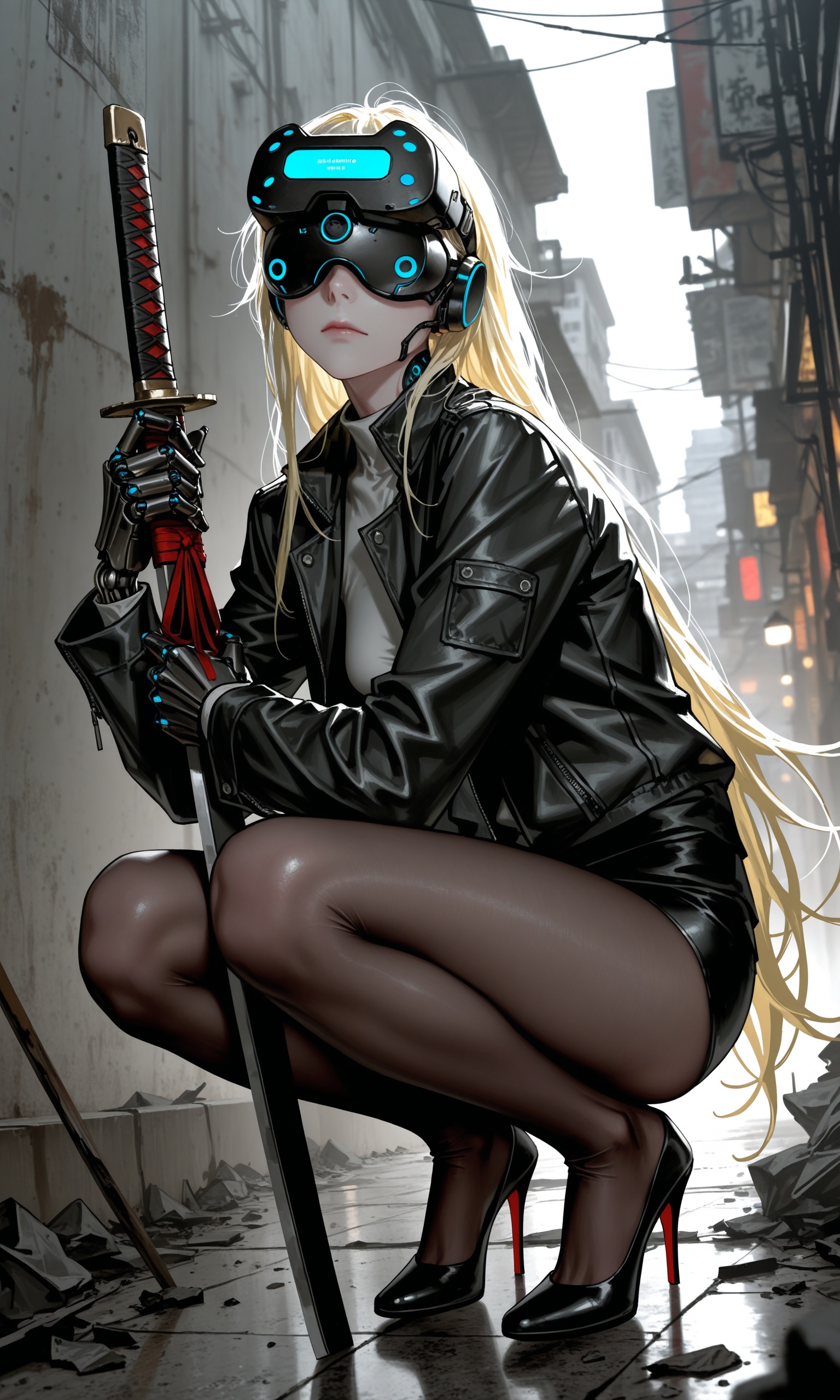 Masterpiece,best quality,amazing quality,newest,very aesthetic,absurdres,(scenery:1.4),8k,good anatomy,good shading,ultra detailed,refined details,high resolution,HD,masterwork,Dark_Niji_Style,(artist:shinkai makoto:0.75),(artist:mazjojo:0.83),(artist:pigeon666:0.67),(artist:zawar379:0.77),(artist:remsrar:0.65),(artist:yoneyama mai:0.74),(artist:chimmyming:0.72),(artist:konya karasue:0.55),(artist:remsrar:0.65),nub1mo,(artist:Yomu:0.3),(dino_(dinoartforame):0.5),(artist:quasarcake:0.4),(artist:wlop:0.3),(artist:ebifurya:0.52),(artist:as109:0.82),(artist:krekkov:0.68),(artist:mossacannibalis:0.56),(artist:tianliang duohe fangdongye:0.8),(artist:z-ton:1.04),(photorealistic:1.2),(illustration:1.3),high resolution,sharp focus,soft lighting,1girl,solo,facing viewer,long hair,blonde hair,long sleeves,holding,very long hair,closed mouth,jacket,weapon,pantyhose,sword,holding weapon,high heels,black jacket,black pantyhose,holding sword,squatting,katana,mechanical arms,one knee,cyborg,prosthesis,robot joints,head-mounted display,cyberpunk,stiletto heels,motion blur,(dutch angle:1.1),(depth of field:1.3),(blurry edges:1.5),(medium\),tesun \(g noh\).,