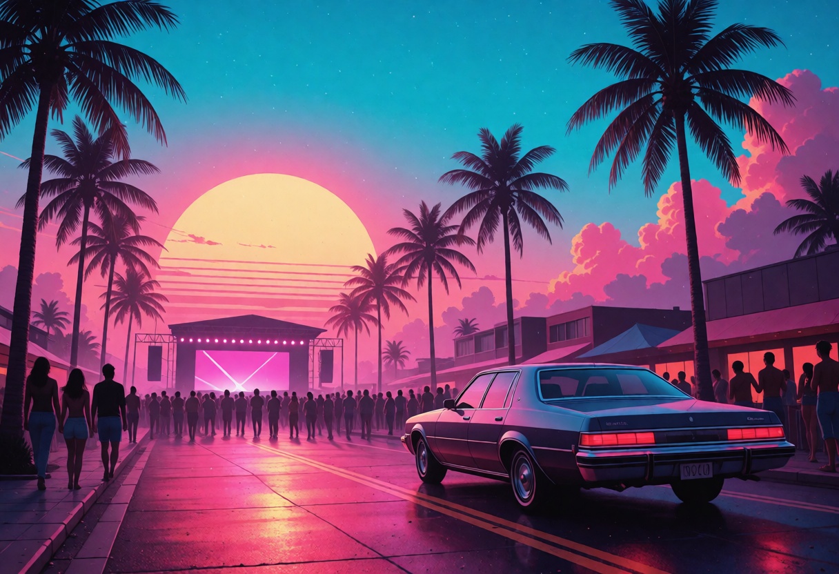 A vibrant synthwave sunset scene shows a retro boulevard lined with tall palm trees,  a classic late 1970s sedan parked in...