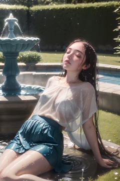 1 girl, loner, long hair, long lace gauze skirt, beautiful makeup, lying on the grass, garden, with a fountain behind her, squirting water, wet