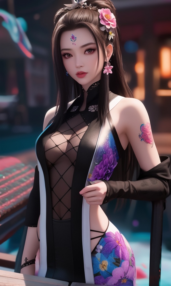 (,1girl, ,best quality, ),looking at viewer, <lora:411-DA-太一剑仙传-季师师:0.8> ,,ultra detailed background,ultra detailed background,ultra realistic 8k cg,, ,masterpiece, (( , )),ultra realistic 8k cgSurrounded by strange, movie perspective, advertising style, Colorful background, splash of color A beautiful woman with delicate facial features,tattoo all over body, flower arms, 