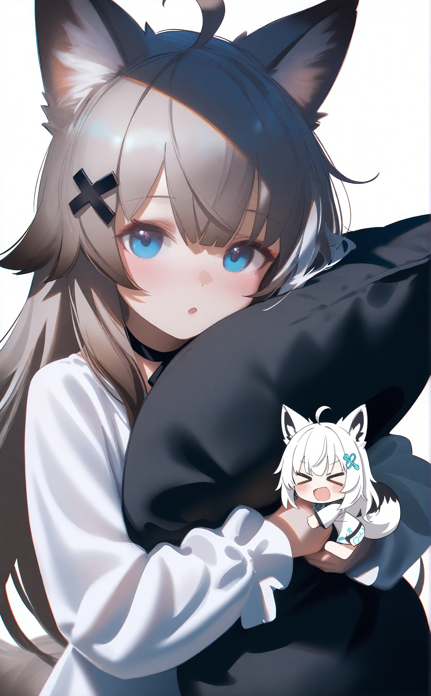 masterpiece,absurdres,best quality,high quality,chromatic_aberration,night,darkness,black theme,photorealistic,high contrast,high saturation,loli,loli,loli,//,animal ears,blue eyes,pillow,long sleeves,tail,animal ear fluff,white background,hugging object,long hair,hair ornament,blush,looking at viewer,simple background,:o,x hair ornament,white hair,ahoge,pillow hug,multiple girls,chibi,parted lips,2girls,solo focus,black bow,bow,>_<,hair bow,dress,wide sleeves,hair between eyes,chibi inset,very long hair,holding pillow,hairclip,dog ears,grey hair,upper body,xd,fox ears,puffy long sleeves,white dress,holding,closed eyes,fox tail,fox girl,:d,dog girl,brown hair,dog tail,1girl,shirt,puffy sleeves,open mouth,smile,white shirt,black ribbon,<lora:Nai4 Amei zc:1>,