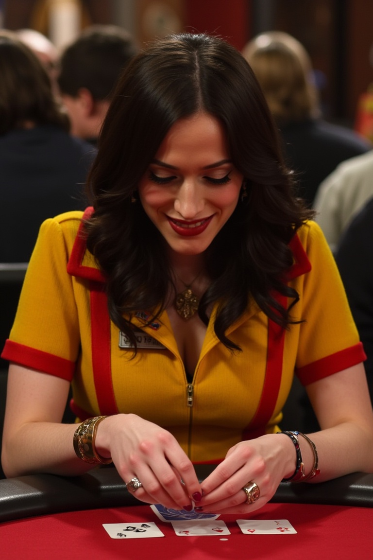 a celebrity poker photograph of a max from two broke girls woman wearing a yellow and red uniform playing poker holding pl...