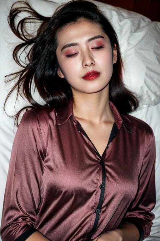 PHOTOREALISTIC REALISTIC,masterpiece,best quality,highres,ultra detailed,8k,1woman,portrait,shirt,makeup,lipstick,closed eyes,wangzuxian,strobe lighting,lying,on back,on bed, <lora:wangzuxian_alexnsfw4.1:0.6>